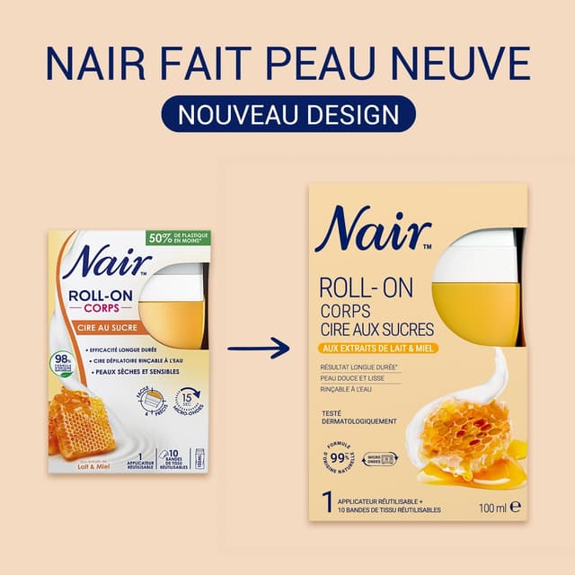 Detalle de Nair Roll-On Cire au Sucre au Lait & Miel – lot de 2 flacons de 100 ml + 2 x 10 bandes réutilisables