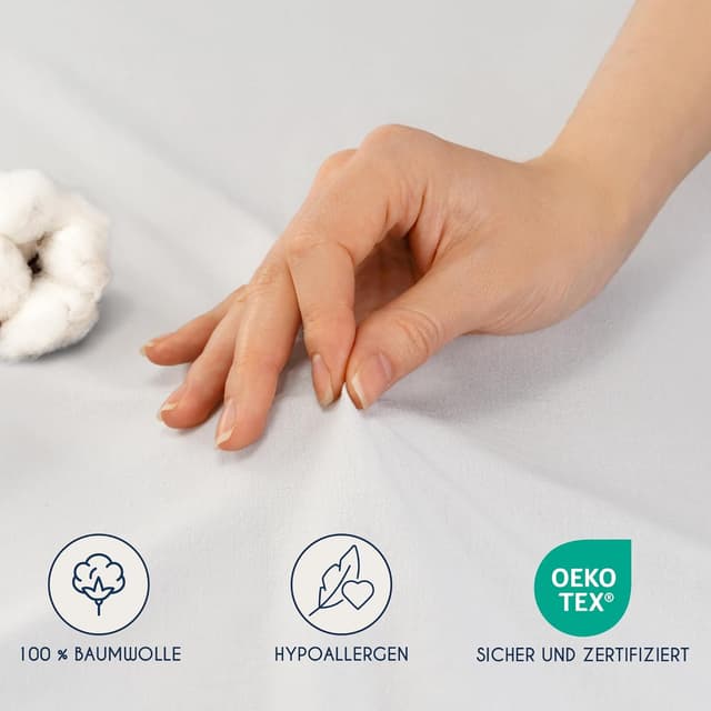 Detalle 2 de Dreamzie Premium Topper Spannbettlaken aus Jersey-Baumwolle (extra niedrige Seitenhöhe) für Topper, weiß