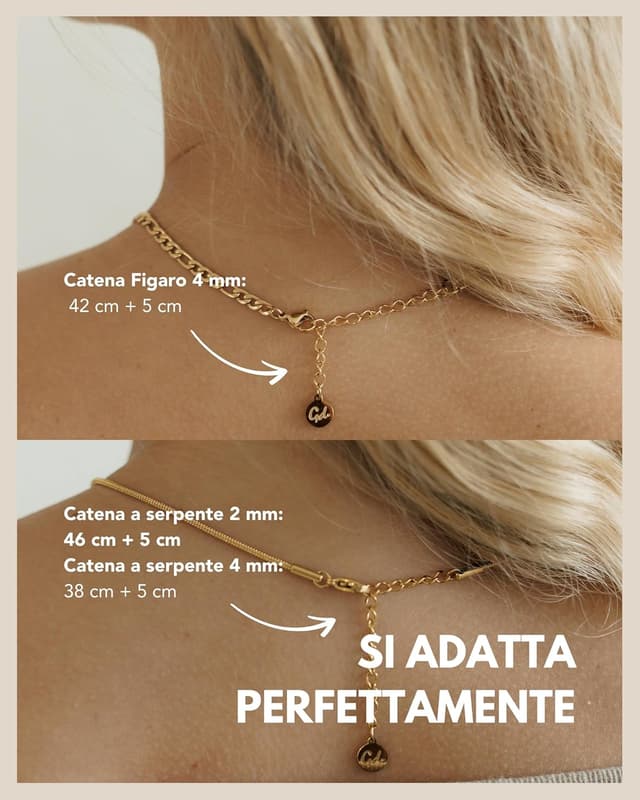 Detalle de Set di 3 collane in acciaio inox per donna con placcatura oro 18K, oro rosa o argento (snake 2mm/4mm + figaro 4mm)