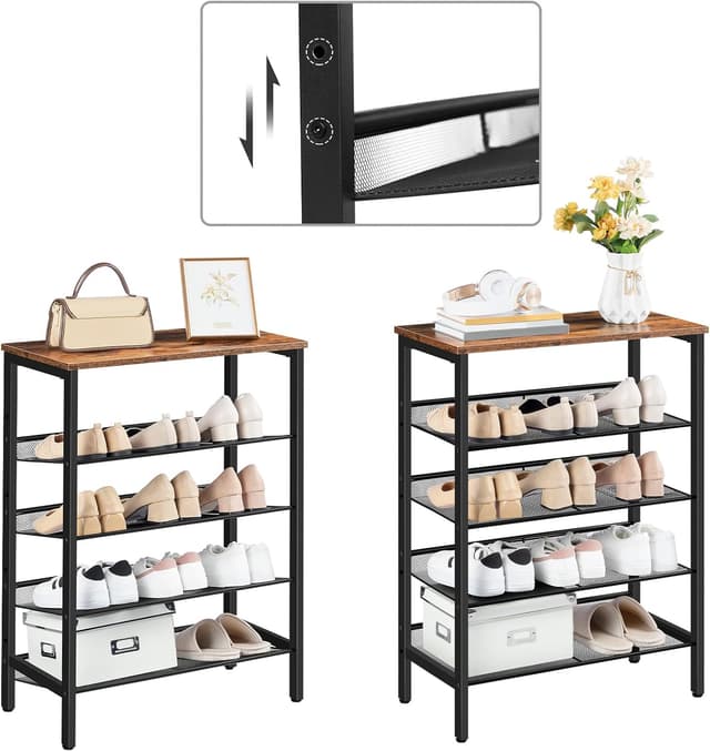 Detalle de HOOBRO EBF106XJ01 scarpiera a 5 livelli con ripiani a rete e struttura in metallo, in stile marrone vintage/nero