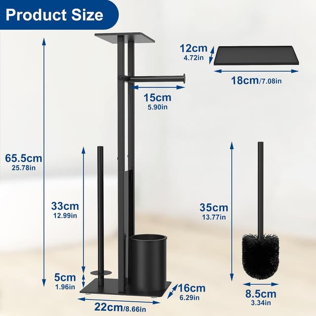 Detalle de Edelstahl Klopapierhalter stehend mit Klobürste & Tablett (Schwarz Matt) – WC Garnitur mit Glasregal