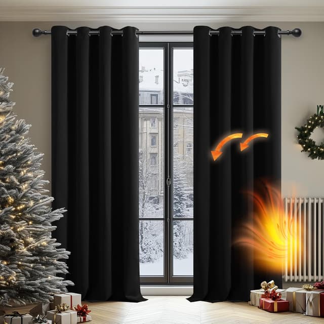 Detalle de Deconovo Eyelet Thermal Blackout Curtains (Ring Top) – Black, 140 x 260cm, 1 pair