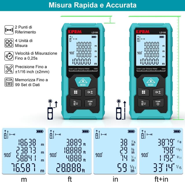 Detalle de Kiprim LD100 Metro Laser Professionale verde fino a 100 m, ±2 mm, Classe II, USB-C ricaricabile