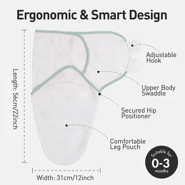 Detalle 2 de GLLQUEN BABY Swaddles Wickel-/Pucksack für Babys 0–3 Monate, 100% Bio-Baumwolle, Oeko-Tex, 3er Pack (Graugrün)