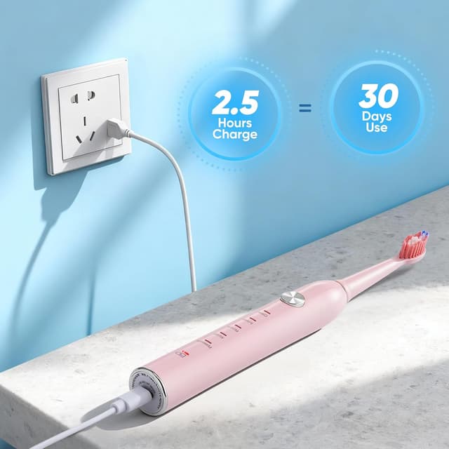 Detalle de Yoomue Sonic Electric Toothbrush for Adults & Kids (Pink) with 5 Modes, 8 Replacement Heads & IPX7