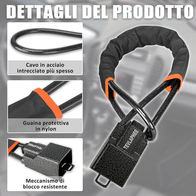 Detalle 2 de Tevlaphee Blocca Sterzo per auto con testa in metallo e 3 chiavi (colore nero, antifurto universale)