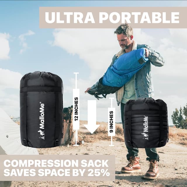 Detalle de MalloMe Schlafsack Outdoor für Erwachsene & Kinder – Winterschlafsack mit Kompressionssack