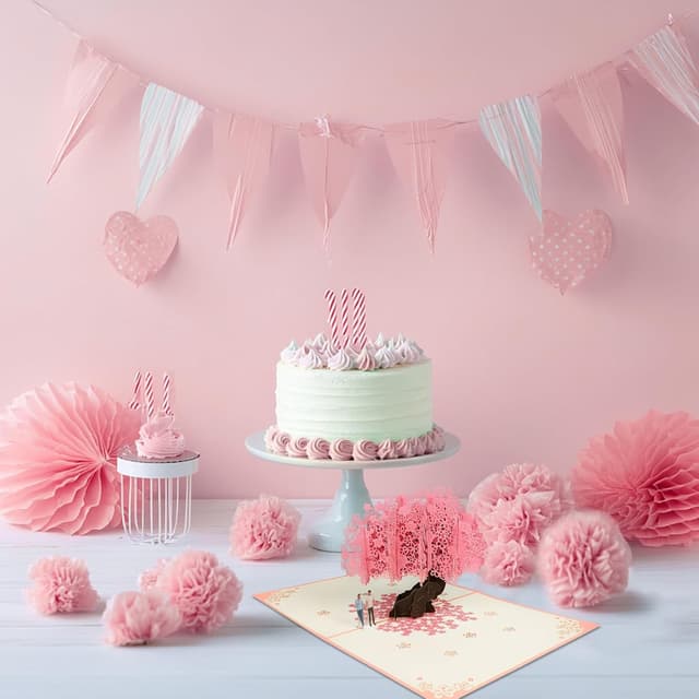 Detalle de 3D-Pop-up-Grußkarte mit Pfirsichblüten für Liebe & Hochzeit – inklusive Umschlag und Notizkarten