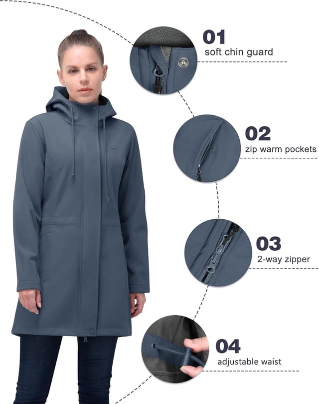 Detalle de 33,000ft Damen Softshell-Regenjacke lang mit Kapuze – leichter wasser- und windabweisender Funktionsmantel