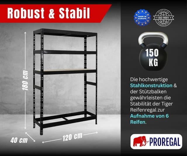 Detalle de PROREGAL Reifenregal Tiger (180 x 120 x 40 cm) für bis zu 6 Reifen + 3 Ablagen, Schwarz