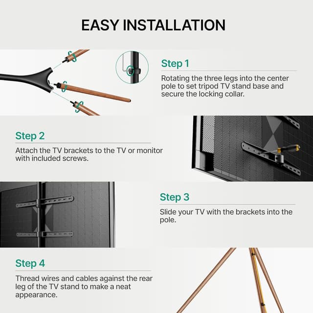 Detalle de ECOTINY Artistic Easel TV Stand (Tripod Floor Mount) for 43–65 Inch TVs, 180° Swivel, Max VESA 600×400mm, Black Walnut