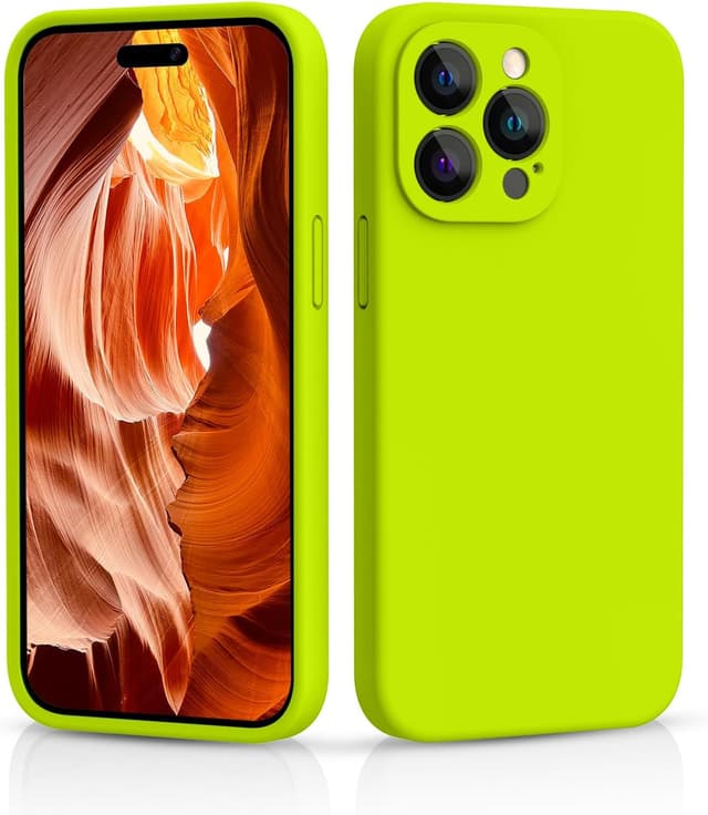 Detalle de CALOOP Slim-Fit Case for iPhone 14 Pro Max (6.7") – Fluorescent Green Liquid Silicone Cover with Microfibre Lining