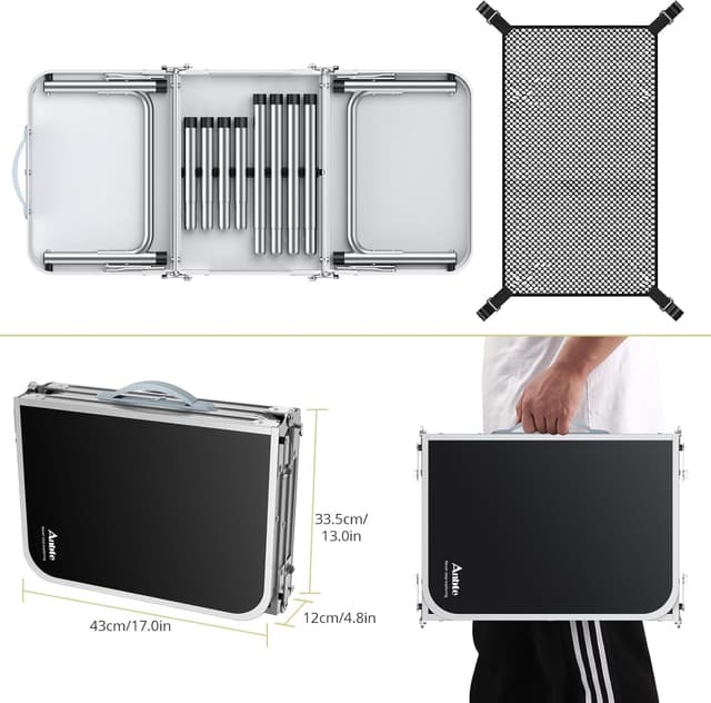 Detalle 2 de Anbte Folding Camping Table (Aluminium) with Storage Net, 3 adjustable heights