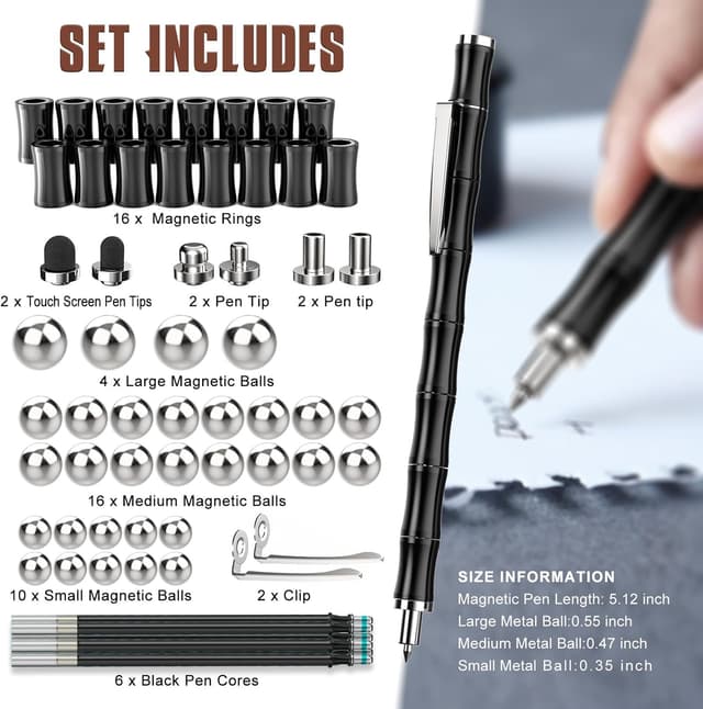 Detalle de Tigerhu Penna Magnetica multifunzione antistress con accessori (nera) – fidget pen da scrivania e gioco