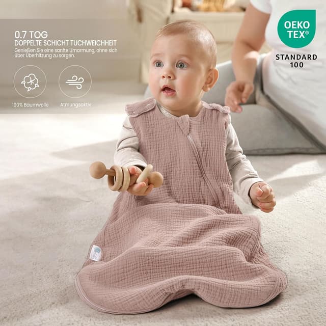 Detalle de lulumoon Baby-Schlafsack (15–24 Monate) aus Musselin, 90 cm – doppellagig, mit YKK-Reißverschluss
