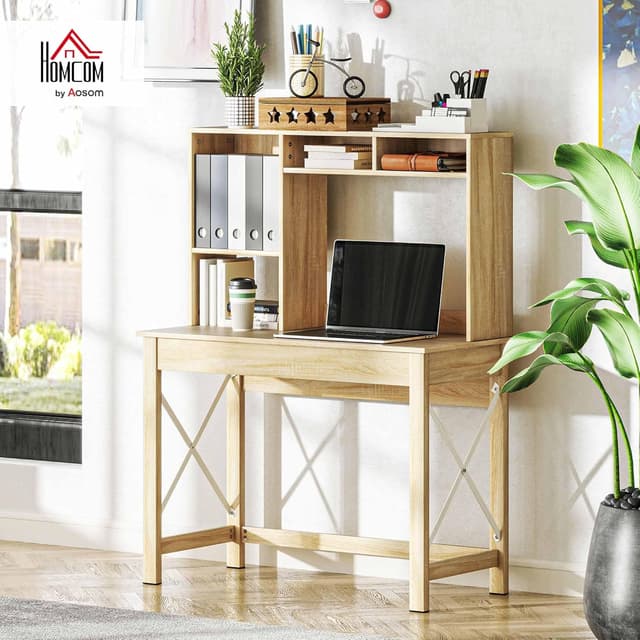 Detalle de HOMCOM Bureau avec rangement et bibliothèque intégrée (105 x 50 x 137,5 cm) aspect chêne