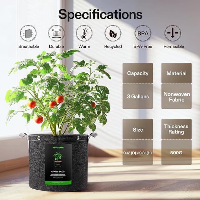 Thumbnail 6 de VIVOSUN confezione da 5 sacchetti per semina da 12L in tessuto non tessuto (spesso 360G) con manici e occhielli