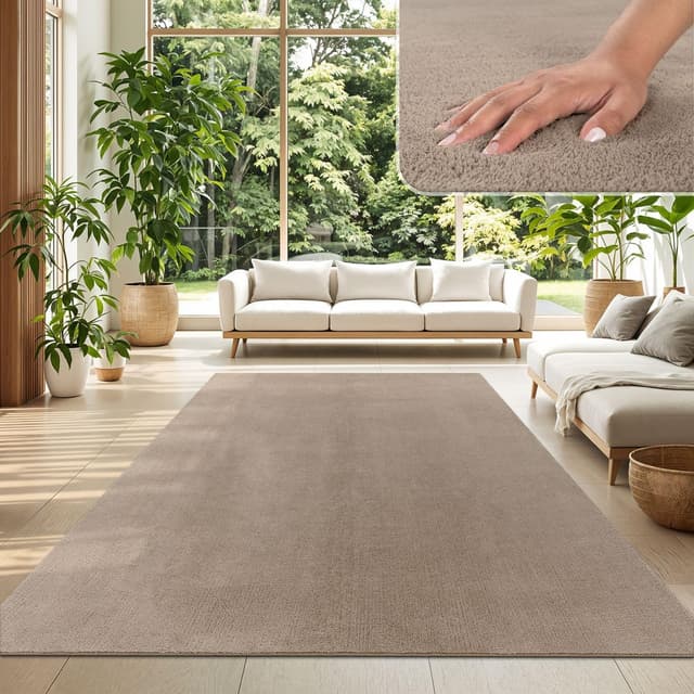 Detalle de TT Home Wohnzimmer-Teppich Kurzflor Anti-Rutsch mit 10 mm Florhöhe, taupe, 160x220 cm (waschbar)