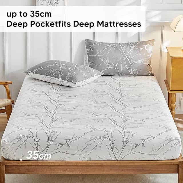 Thumbnail 6 de Tokokimo 4PCS King Size Duvet Cover Set with Fitted Sheet and Pillowcases (Botanical Branches, Grey) – Microfibre bedding