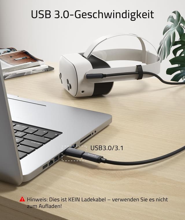 Detalle de Syntech Link-Kabel (5 m / 16 ft) mit USB-3.0-Adapter für Meta/Oculus Quest 3S, Quest 3, Quest 2, Quest Pro, Pico 4/Ultra & PC/SteamVR – USB‑C, 5 Gbit/s, Schwarz