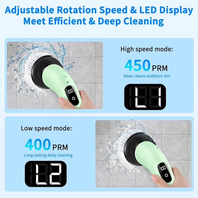 Detalle de SINZUX Electric Spin Scrubber with 8 Replaceable Heads, LED Display and Adjustable Extension Handle (Green)