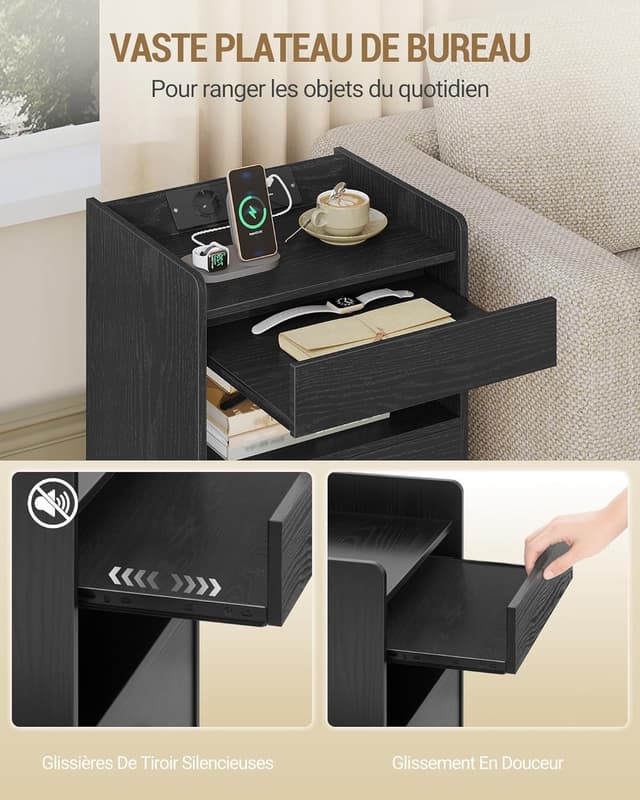 Detalle 2 de Hzuaneri table de chevet avec compartiment caché, éclairage LED, 2 prises et 2 ports USB (Noir NS33504XEU)