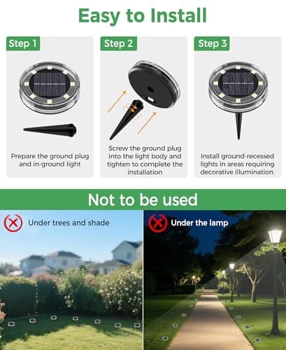 Detalle de LOTMOS 12 paquetes de luces solares LED empotrables para jardín (8 LED, blanco cálido) IP68