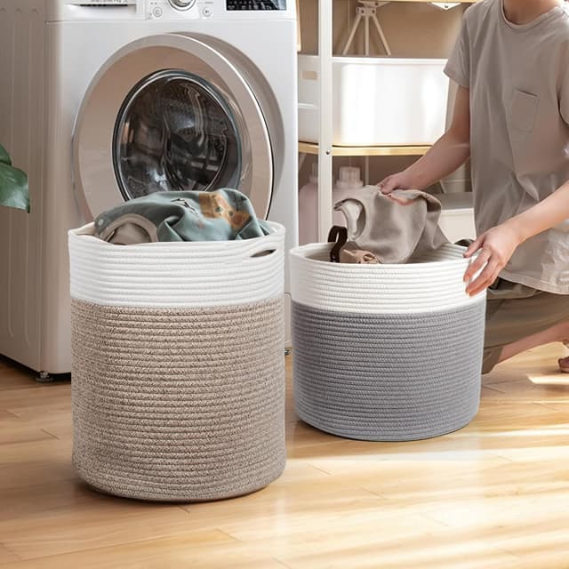 Detalle 2 de SYLANDO 32L Waschekorb aus Baumwolle mit Griffen, geflochten (D34×H40 cm) – Wäsche, Decken & mehr