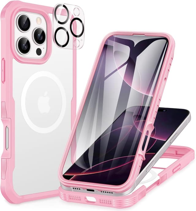 Detalle de CENHUFO iPhone 16 Pro Max case with built-in 9H glass screen protector, camera lens protector and MagSafe support (Pink)