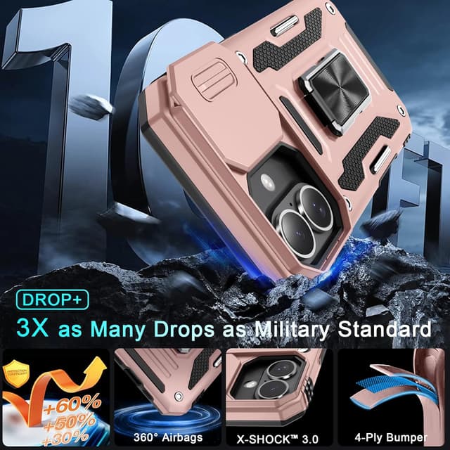 Detalle de DEERLAMN iPhone 16 Armor Case with Sliding Camera Cover + Rotating Ring Kickstand (2 Pack Screen Protectors) – Rose Gold
