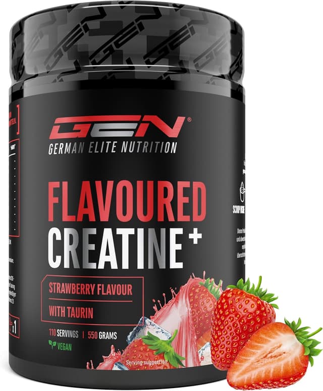 Detalle de German Elite Nutrition Flavoured Creatine Pulver (Strawberry) – Creatin-Monohydrat mit L-Taurin, 550 g