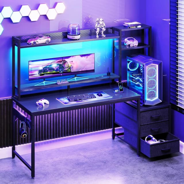 Detalle 2 de Coleshome Gaming Desk with Drawers & Display Shelves (138×48 cm) with LED Lights & Sockets – Carbon Fibre Black