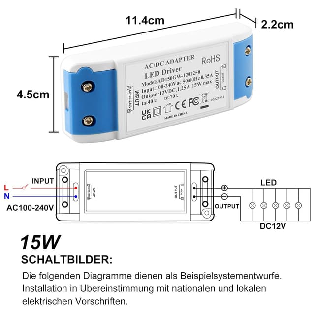 Detalle de 15W 12V Constant Low Voltage LED Power Supply Adapter (1.25A) for LED Strip Lights, G4/MR11/MR16 Bulbs & Ring Doorbell
