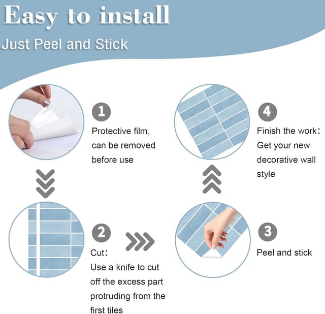 Detalle de TOARTi 10 Sheets 2D Self Adhesive Wall Tiles (12×12 inch) in Sky Blue – Peel & stick splashback style decals