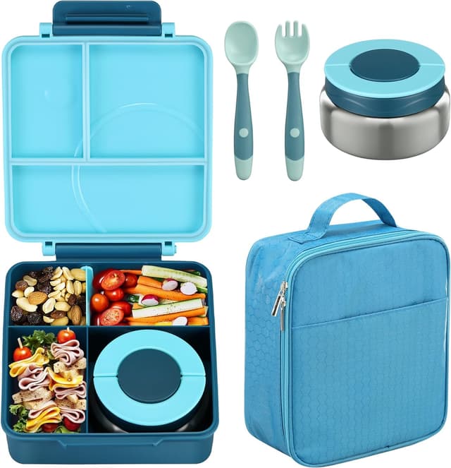 Detalle de Kids Bento Lunch Box Set with 8oz Soup Thermo, Leak-Proof 4-Compartment Containers & Insulated Lunch Bag (Blue)