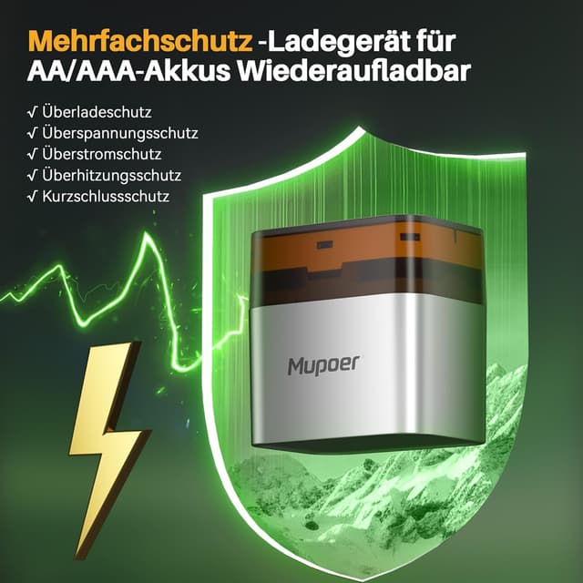 Detalle de AAA Akkus Wiederaufladbar 16er-Pack mit Ladegerät: NiMH 1,2V 1100 mAh (inkl. Ladegerät, Type‑C) für AA/AAA