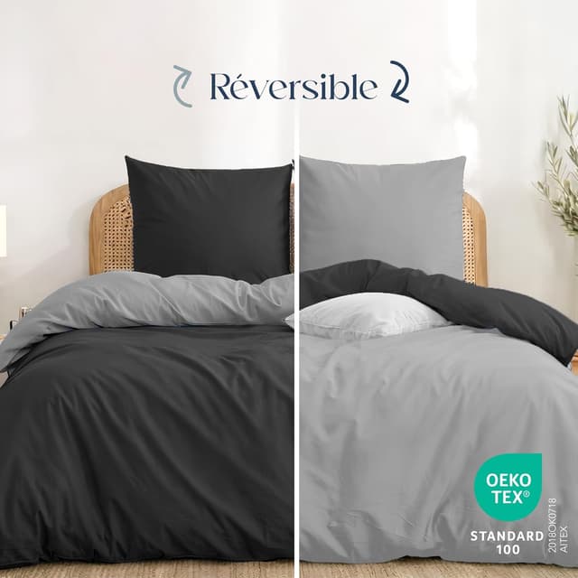 Detalle de Twinzen Housse de couette réversible 220x240 cm en microfibre gris foncé / gris clair + 2 taies 65x65 cm