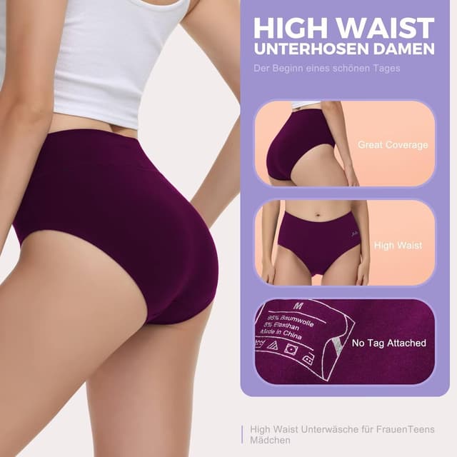 Detalle 2 de IceReco Damen-Unterhosen aus Baumwolle im 5er-Pack mit hoher Taille (atmungsaktiv, Stretch)