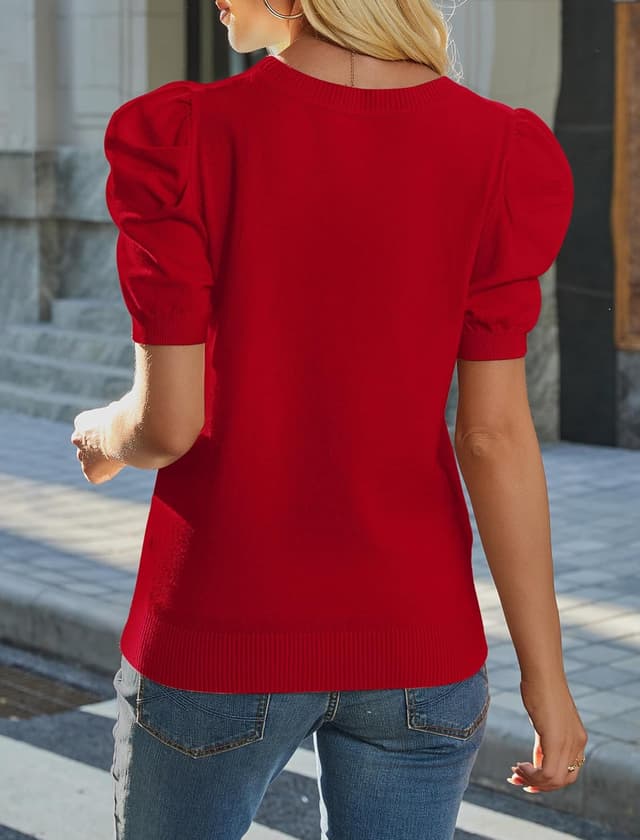 Detalle de SAMPEEL Short Puff Sleeve Knit Sweater for Women (Crewneck, Striped Look) — Work & Spring/Summer Casual