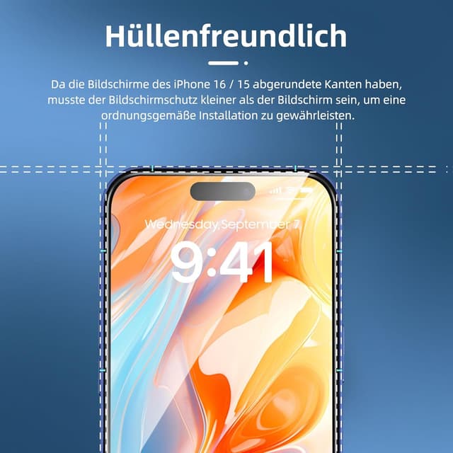 Detalle de NEW'C 3er Set Full Screen Panzerglas für iPhone 16 & iPhone 15 (6,1 Zoll) – Auto-Installation, 9H