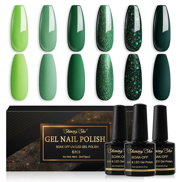 Detalle de Shining She UV-Gel Nagellack Set Grün mit 6 Farben (Glitzergrün & Dunkelgrün), 8 ml pro Flasche