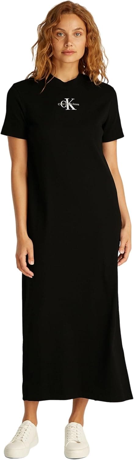 Detalle 1 de Calvin Klein Monologo Long Rib Tee Dress J20J225543 : robe t-shirt longue côtelée pour un style minimal