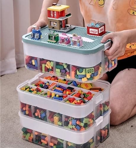 Detalle de DingGreat Dreifach-Aufbewahrungsbox für Lego-Steine (3 stapelbare Boxen) mit Deckel – transparente Kunststoff-Sortierkisten
