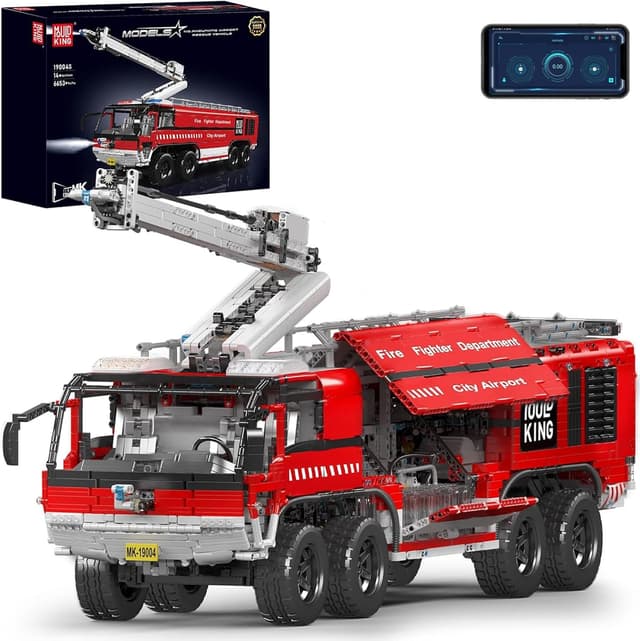 Detalle de Mould King 19004 Technik ferngesteuertes Feuerwehrfahrzeug (2,4 GHz RC) – 6‑Kanal-Modellbausatz mit Motor