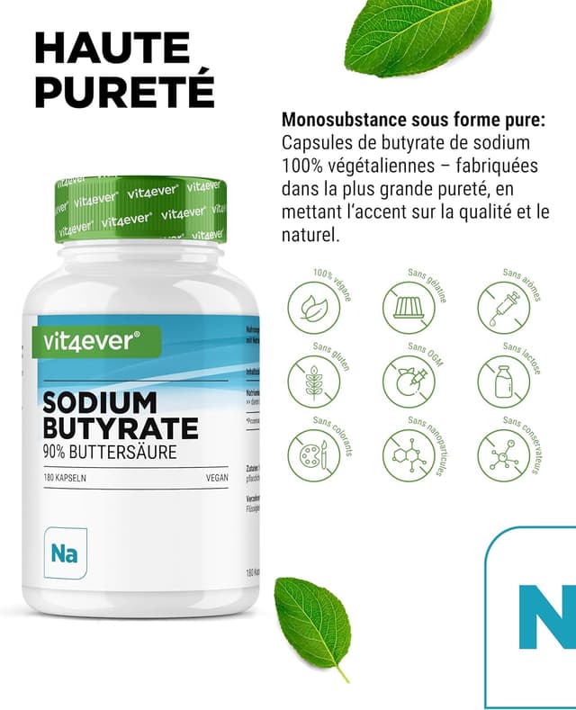 Detalle de Butyrate de sodium 180 gélules de 600 mg (90% acide butyrique) Premium, végan