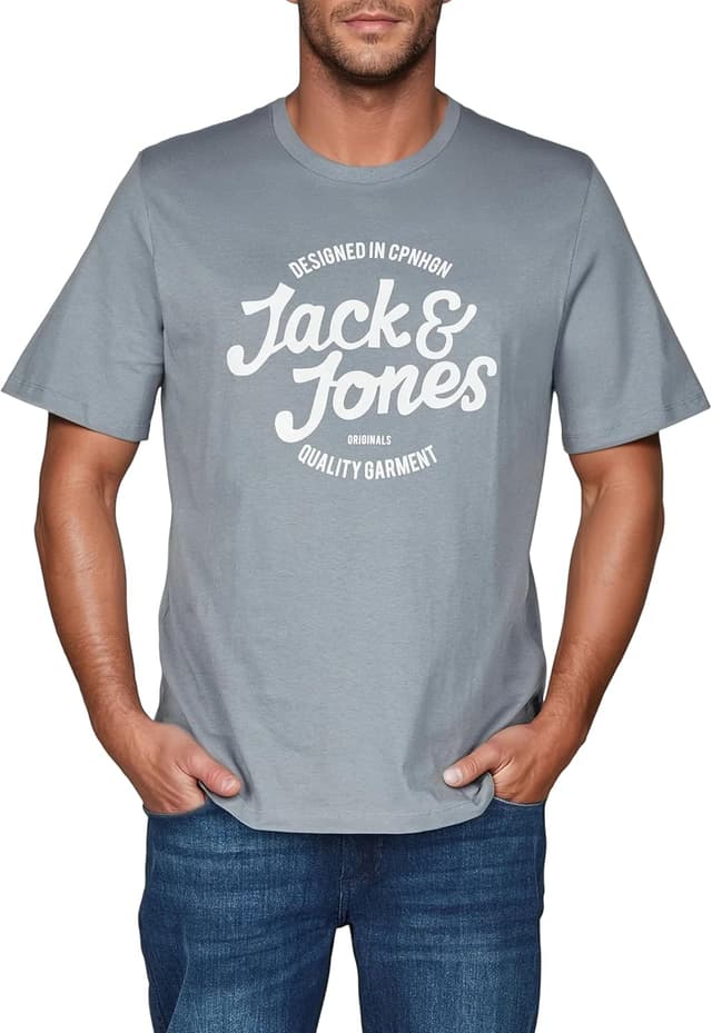 Detalle de JACK & JONES Regular-Fit Herren-T-Shirts JJLINO im 4er-Set (Rundhals, Kurzarm) – Schwarz/Weiß/Grün/Rot/Blau/Grau