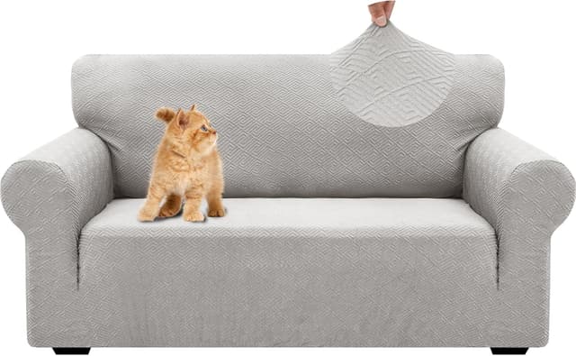 Detalle de YSTELLAA Copridivano 2 posti con braccioli in jacquard grigio silver, elasticizzato e antiscivolo