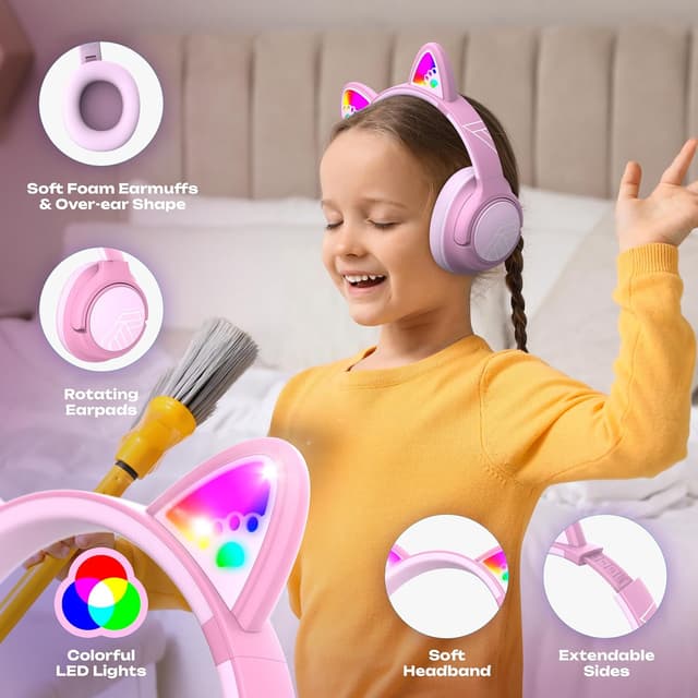 Detalle de PowerLocus Bluetooth Kinderkopfhörer Over Ear mit Lautstärkebegrenzung (74/85/94 dB), LED & Mikrofon, faltbar (Lila/Rosa)