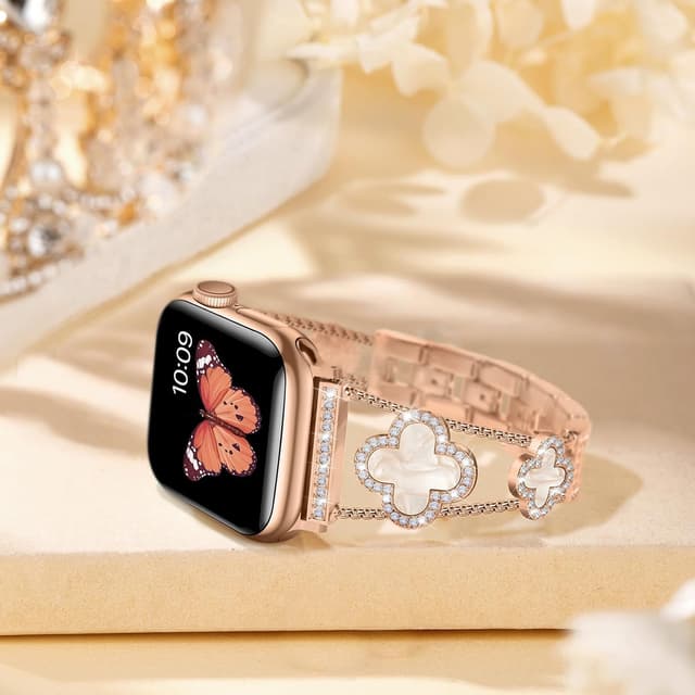 Detalle de Tasikar Bling Diamond Women Straps for Apple Watch (Rose Gold) – Lucky Clover Dressy Replacement Bracelet
