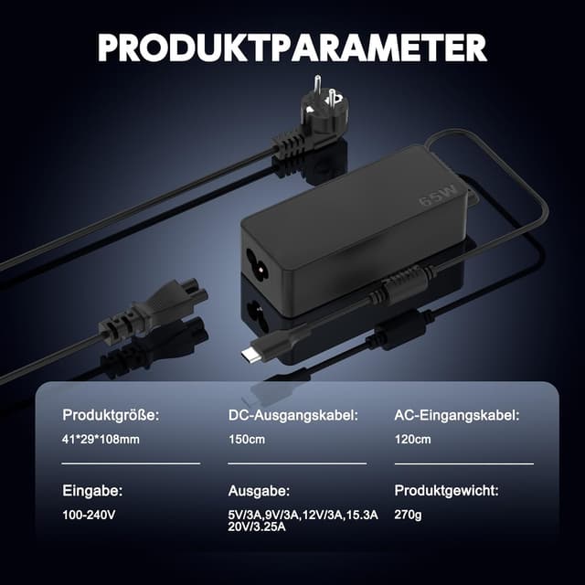 Detalle de USB‑C Laptop-Netzteil 65W für Lenovo ThinkPad & Yoga – passend für viele Modelle